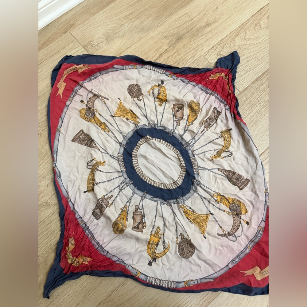 Celine Vintage Silk Scarf with Gold and Red Accents